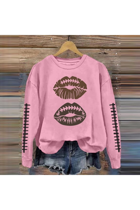 Women's Abstract Rugby Lip Print Crewneck Long Sleeve Pullover Sweatshirt Jackets Women Casual Knit Top Hooded Zippe Jackets Ladies Sweater Jacket Fall Sweat Shirts Hoodies Women Petite Outfits Older