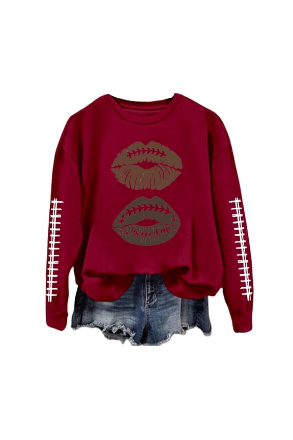 Women's Abstract Rugby Lip Print Crewneck Long Sleeve Pullover Sweatshirt Soft Casual Comfortable Stylish Loose Fit Streetwear Top