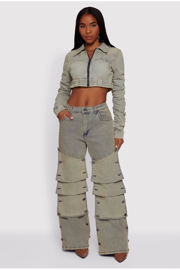 Women's Acid Wash Adjustable Button Front Jeans
