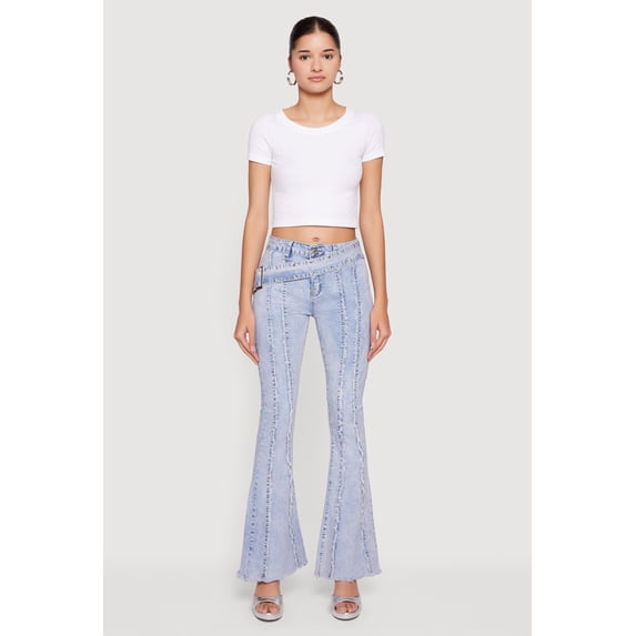Women's Acid Wash Belted Front Frayed Flare Jeans