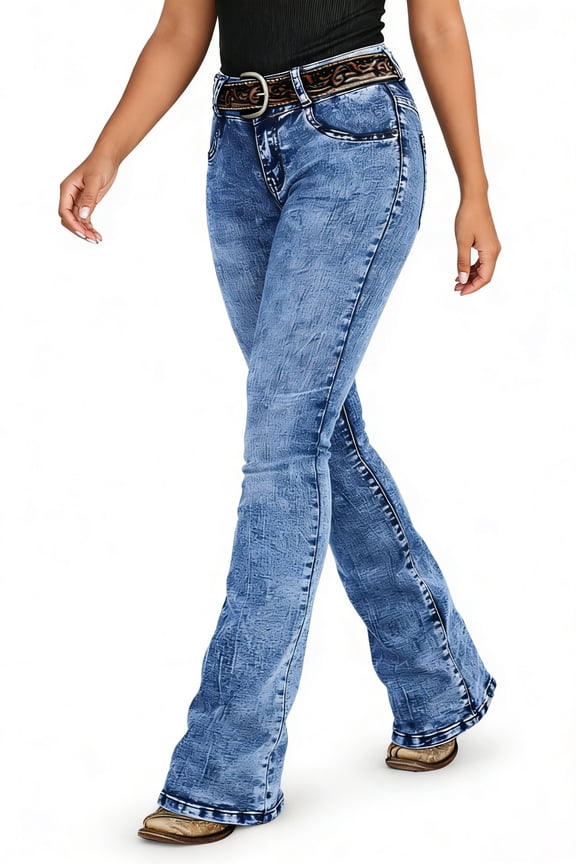 Women's Acid Wash Blue High Waisted Flare Jeans, Slim Fit Bell-bottom Denim Pants for Casual Western Style