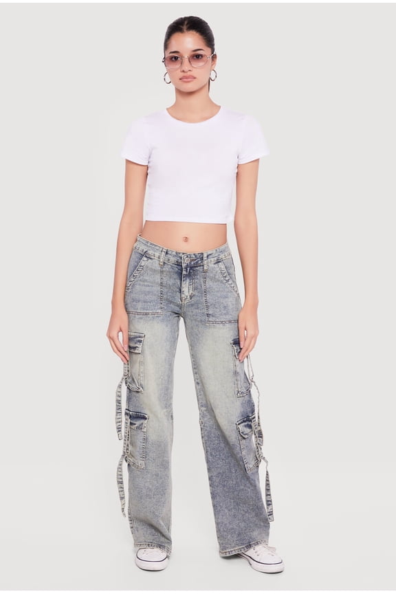 Women's Acid Wash Cargo Pocket Straight Leg Jeans