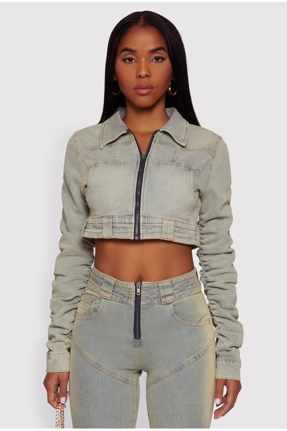 Women's Acid Wash Cropped Zip Front Jean Jacket