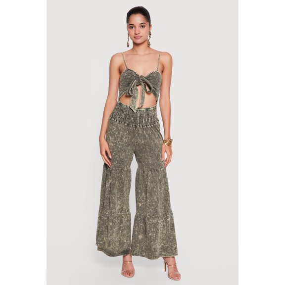 Women's Acid Wash Cutout Tie Front Tiered Wide Leg Jumpsuit