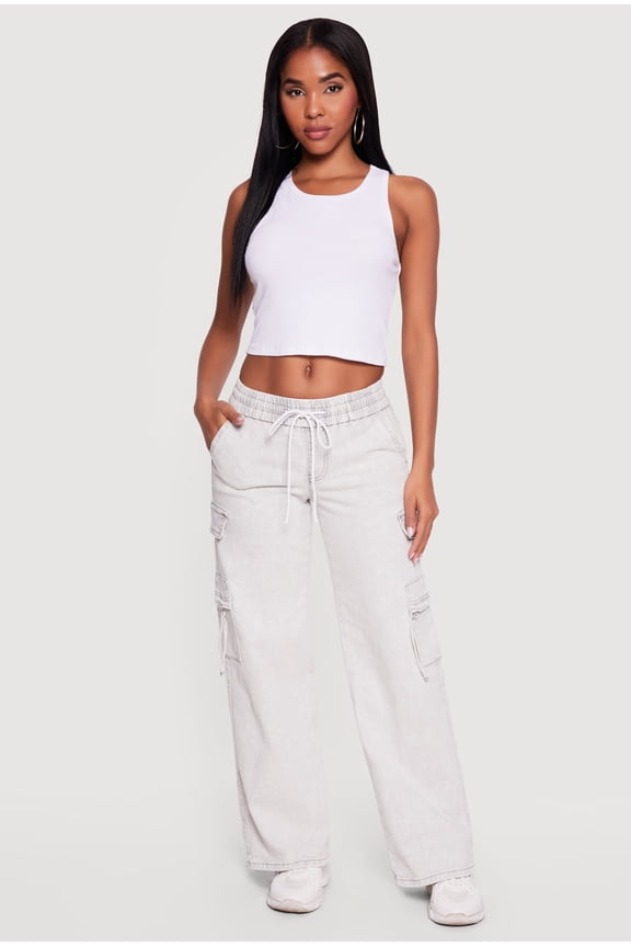 Women's Acid Wash Drawstring Waist Cargo Jeans