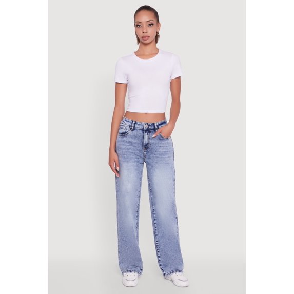 Women's Acid Wash Mid Rise Straight Leg Jeans