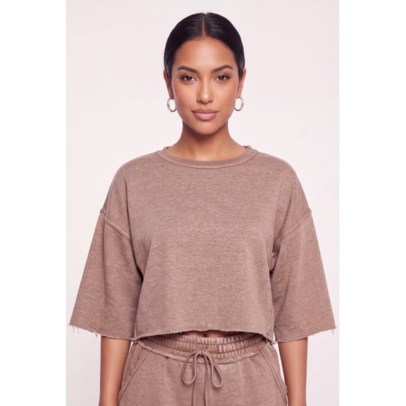 Women's Acid Wash Oversized Cropped Raw Hem Sweatshirt