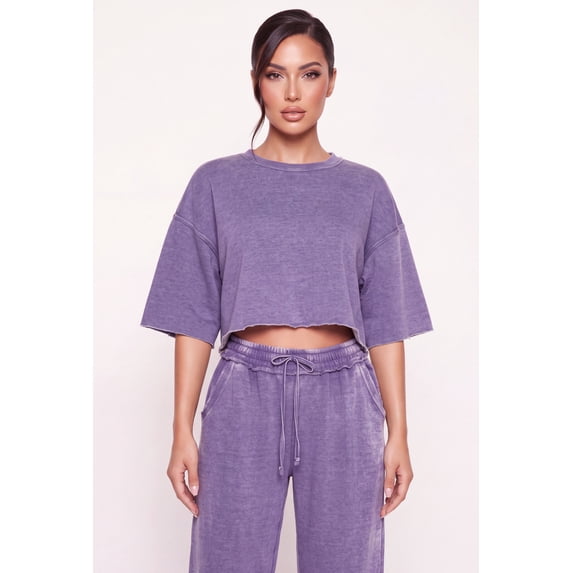 Women's Acid Wash Oversized Cropped Raw Hem Sweatshirt