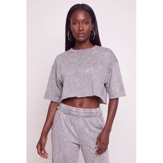 Women's Acid Wash Oversized Cropped Raw Hem Sweatshirt