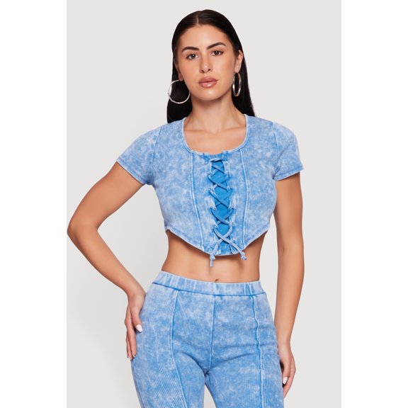 Women's Acid Wash Ribbed Lace Up Front Crop Top