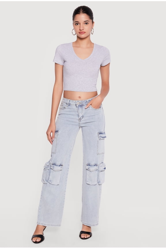Women's Acid Wash Straight Leg Cargo Pocket Jeans
