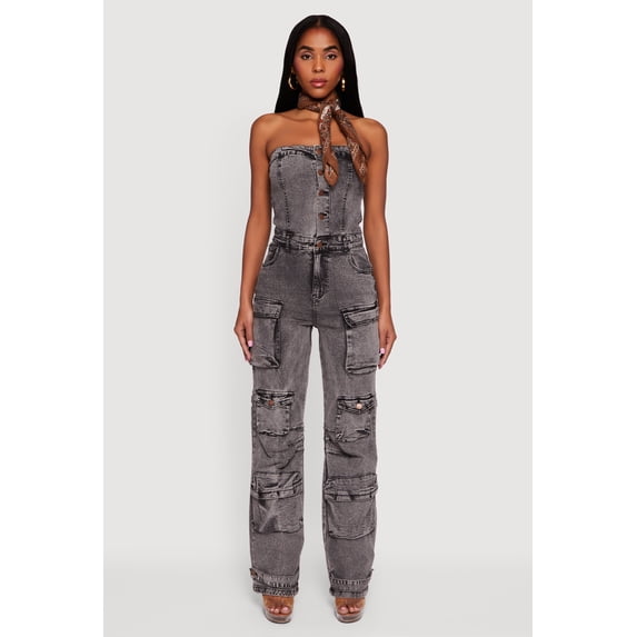 Women's Acid Wash Strapless Button Front Utility Jumpsuit