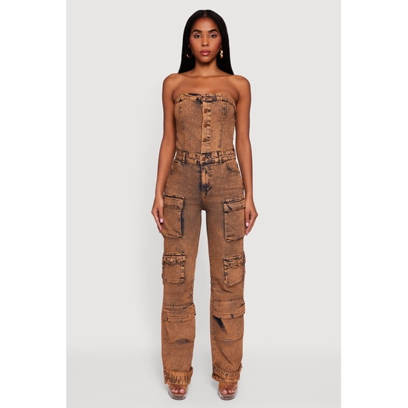 Women's Acid Wash Strapless Button Front Utility Jumpsuit