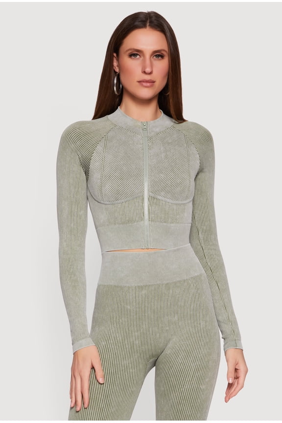 Women's Acid Wash Zip Front Mock Neck Track Jacket