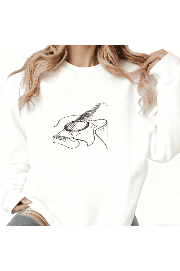 Women's Acoustic Guitar Sweatshirt Casual Top Music Instrument Graphic Comfortable Round-neck long-sleeved White S-3XL