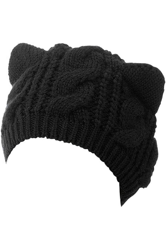 Women's Acrylic Cat Ears Knit Black Beanie Hat