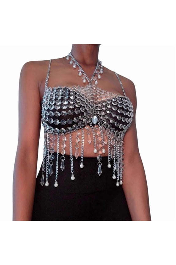 Women's Acrylic Crystal Bra Halter Crop Top Adjustable Tassels Chest Chain For Swimsuit Summer Body Jewelry Accessory
