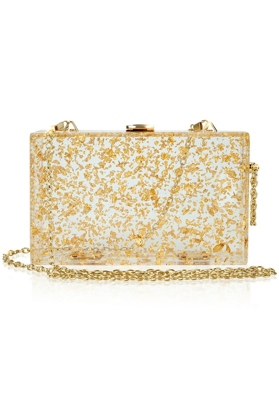 Womens Acrylic Evening Bag Glitter Clutch Purse Transparent Golden Box Handbag Shoulder Bag for Banquets Dinners Parties