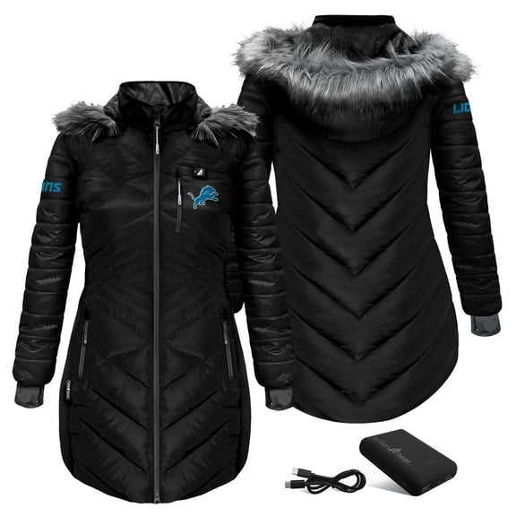 Women's ActionHeat Black Detroit Lions 5V Battery Heated Long Puffer Jacket