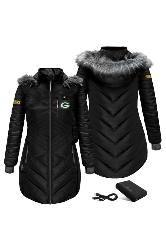 Women's ActionHeat Black Green Bay Packers 5V Battery Heated Long Puffer Jacket