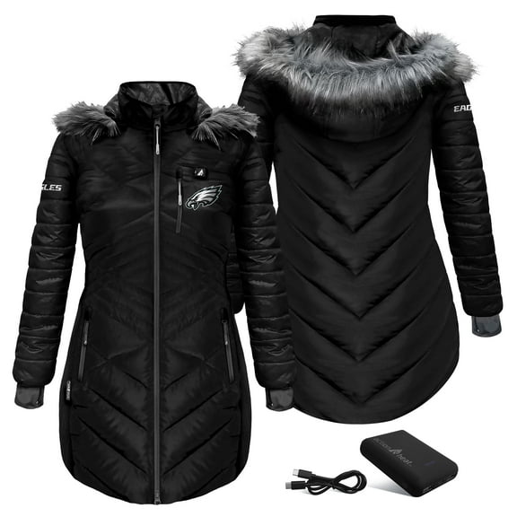 Women's ActionHeat Black Philadelphia Eagles 5V Battery Heated Long Puffer Jacket