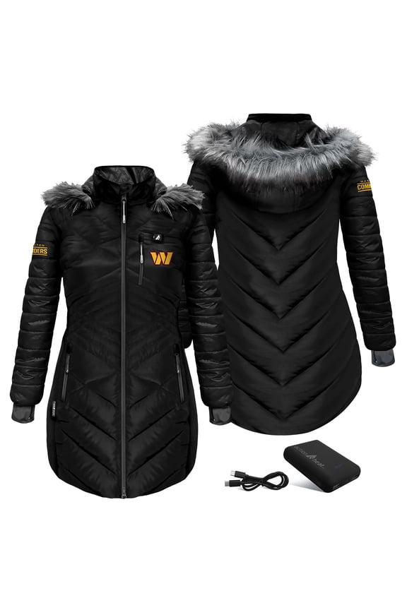 Women's ActionHeat Black Washington Commanders 5V Battery Heated Long Puffer Full-Zip Hoodie Jacket
