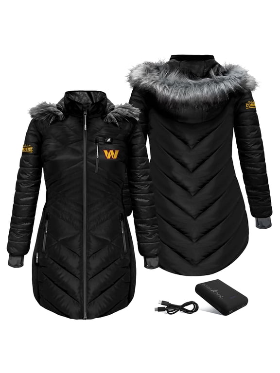 Women's ActionHeat Black Washington Commanders 5V Battery Heated Long Puffer Full-Zip Hoodie Jacket