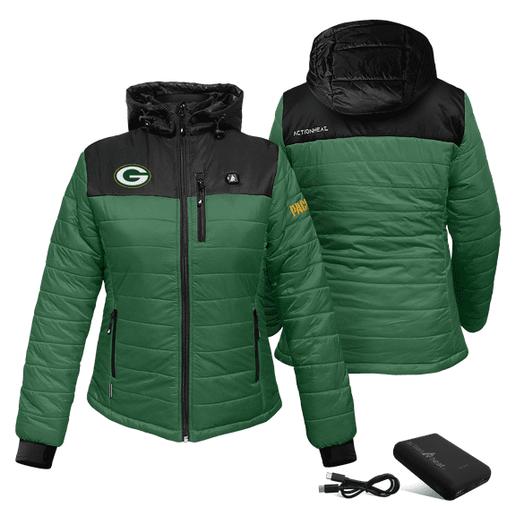 Women's ActionHeat Green/Black Green Bay Packers 5V Battery Heated Insulated Puffer Full-Zip Jacket