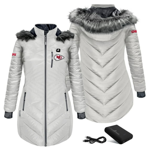 Women's ActionHeat White Kansas City Chiefs 5V Battery Heated Long Puffer Full-Zip Hoodie Jacket