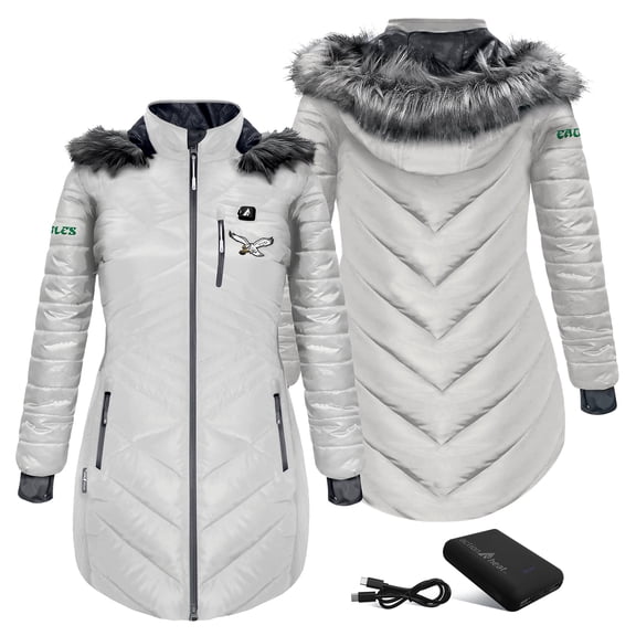 Women's ActionHeat White Philadelphia Eagles 5V Battery Heated Long Puffer Full-Zip Hoodie Jacket