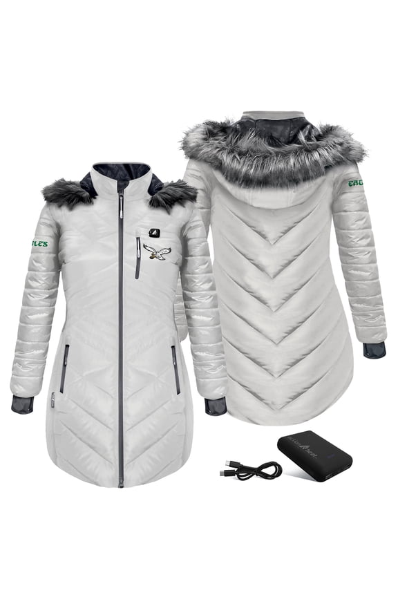 Women's ActionHeat White Philadelphia Eagles 5V Battery Heated Long Puffer Full-Zip Hoodie Jacket