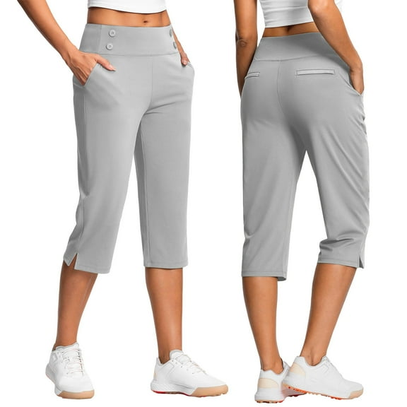 Women's Active Capri Pants High Waist Pull-On Leggings Straight Leg Athletic Exercise Workout Capris, Gray M