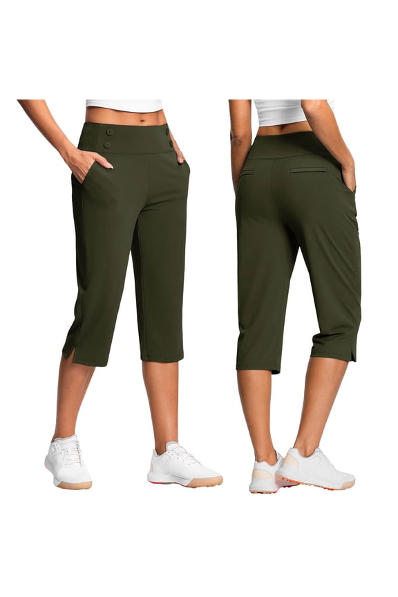 Women's Active Capri Pants High Waist Pull-On Leggings Straight Leg Athletic Exercise Workout Capris, Green S
