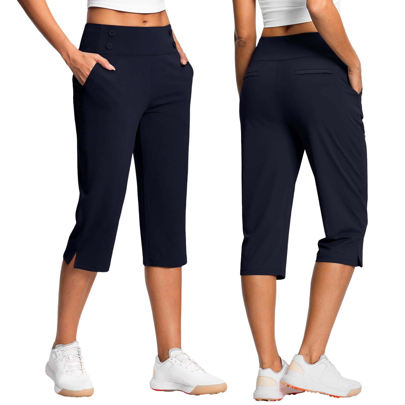 Womens Pull on Capri Pants with 4 Pockets Wide Waistband High