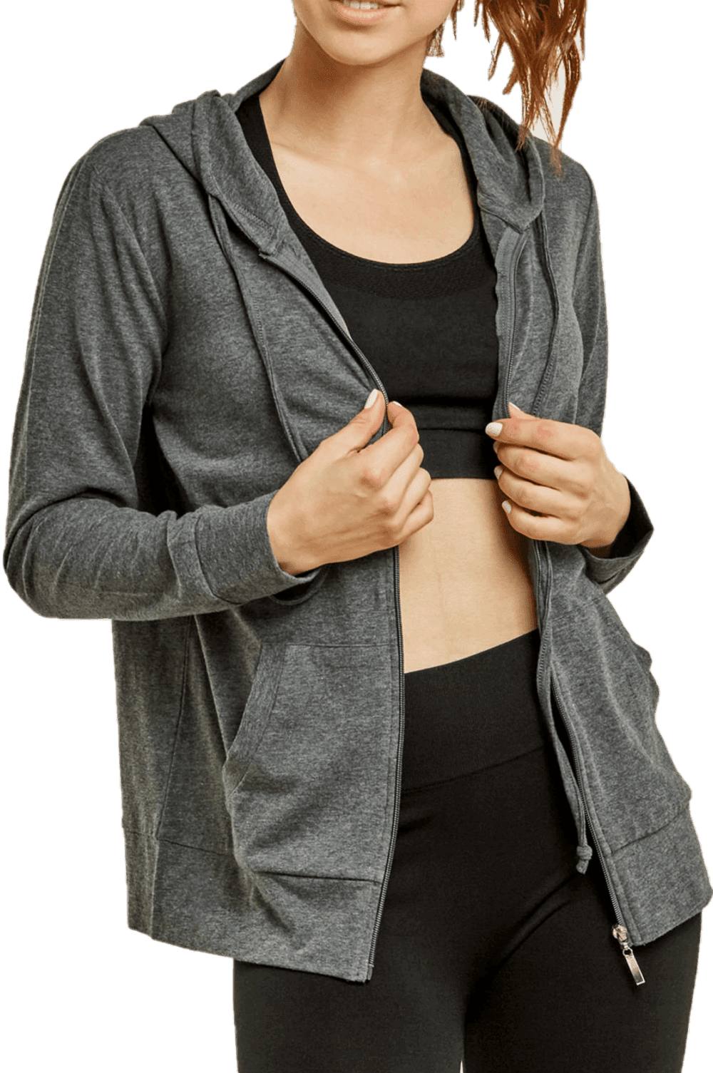 Women's Active Casual Thin Cotton Zip Up Hoodie Jacket, Charcoal Grey M