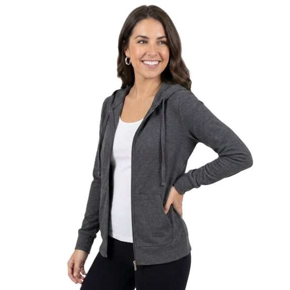Women’s Lightweight Cotton Blend Zip Up Hoodie Jacket Charcoal Grey X-Large