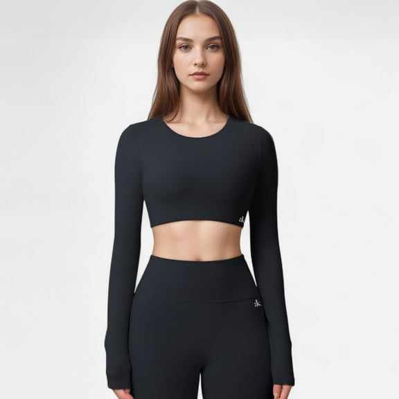 Women's Active Crop Top with Crew Neckline Seamless Stretch Fit and Thumbhole Cuffs - Black, Medium