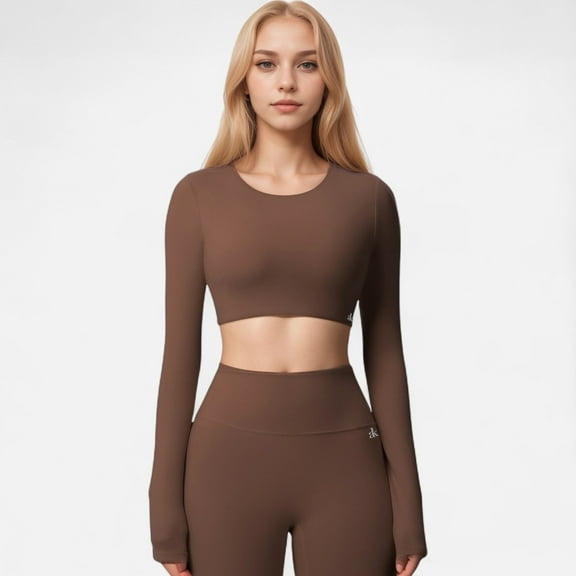 Women's Active Crop Top with Crew Neckline Seamless Stretch Fit and Thumbhole Cuffs - Brown, Small