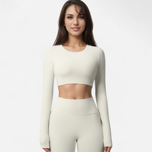 Women's Active Crop Top with Crew Neckline Seamless Stretch Fit and Thumbhole Cuffs - Off White, Medium