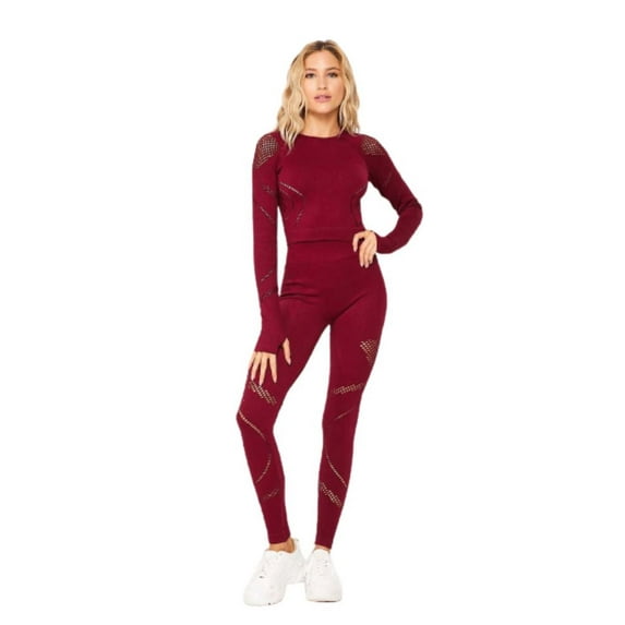 Women's Active Functional L/S Crop Top / Leggings Set, BURGUNDY L