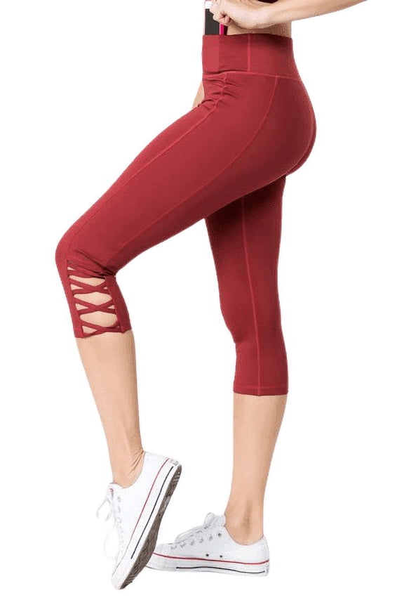 Women's Active Lattice Capri Cutout Workout Leggings -BRICK RED, S