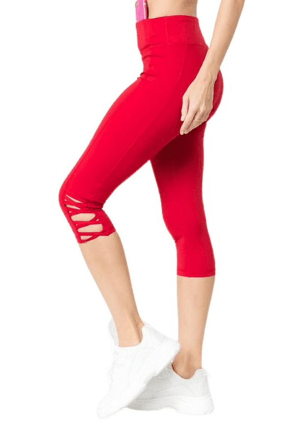 Women's Active Lattice Capri Cutout Workout Leggings - CRIMSON, S
