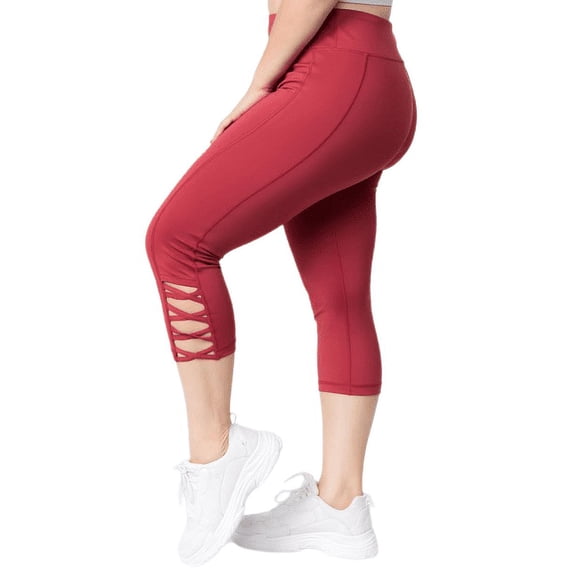 Women's Active Lattice Capri Cutout Workout Leggings Plus Size - BRICK RED, 3XL