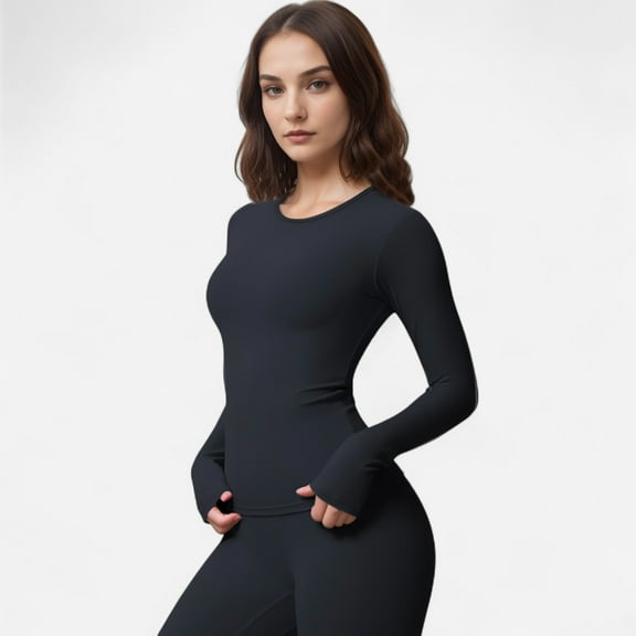 Women's Active Top with Crew Neckline Seamless Fitted Silhouette and Thumbhole Cuffs - Black, Large