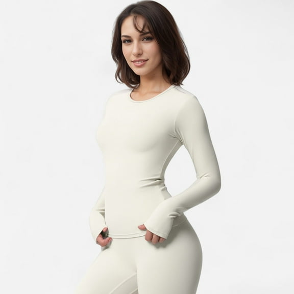Women's Active Top with Crew Neckline Seamless Fitted Silhouette and Thumbhole Cuffs - Off White, Small