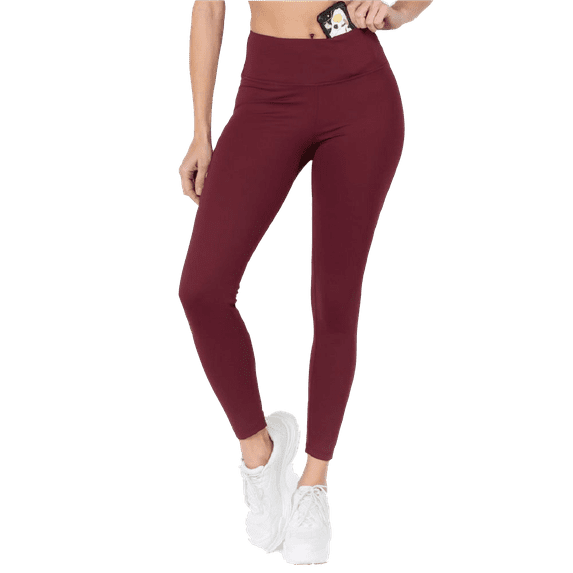 Women's Active Wear Leggings w/ Hidden Waistband Pocket -Wine Red, S