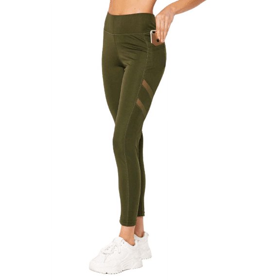 Women's Active Yoga Phone Pocket Leggings W/ Side Mesh, Olive S/M