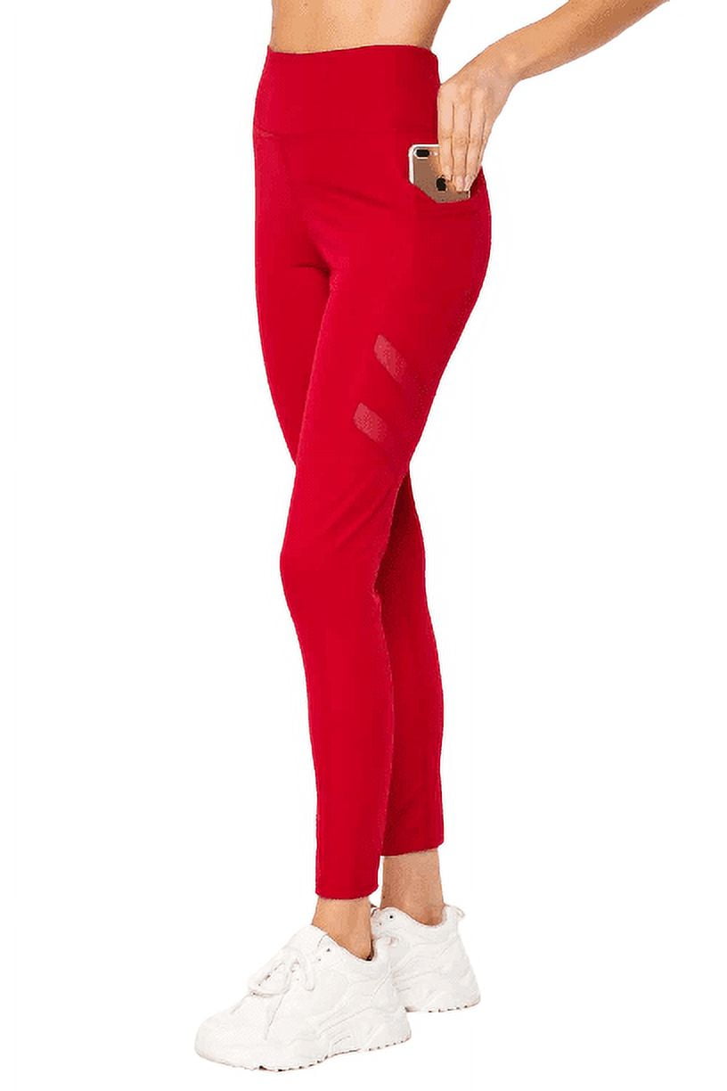 Women's Active Yoga Phone Pocket Leggings W/ Side Mesh, Red S/M