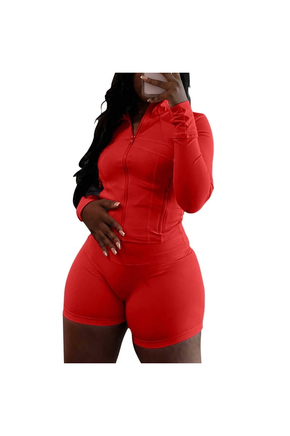 Women's Activewear Set, Zip Up Long Sleeve Jacket and Shorts 2 Piece Workout Outfit, Matching Gym Sets, Performance Sportswear for Running, Yoga, Training and Daily Athletic Wear-Red