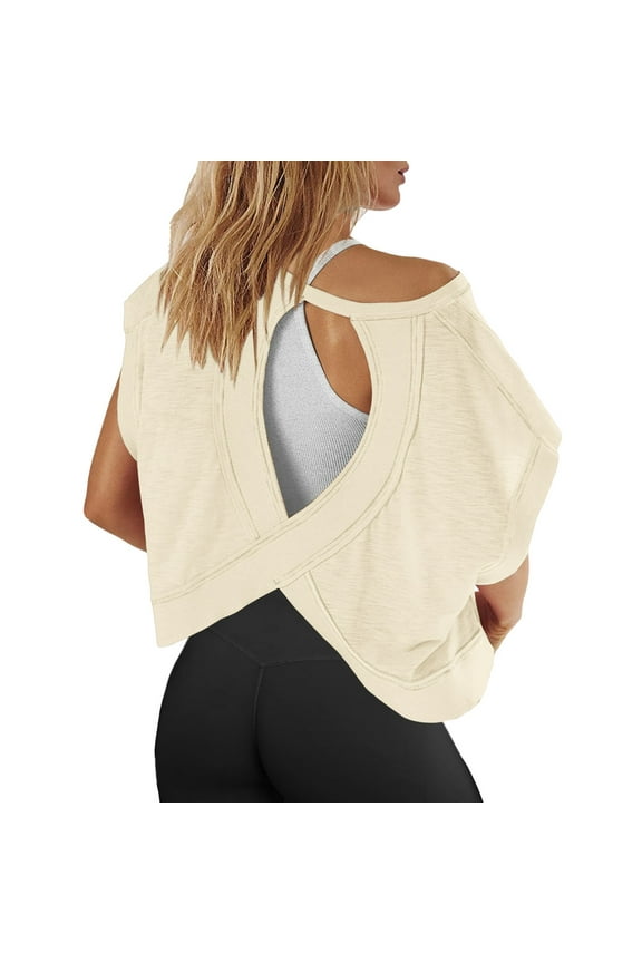 Women's Activewear Short Sleeve Workout Tops Open Back Casual Yoga Gym Slouchy Crop Running Tees for Athletes Fitness Enthusiasts